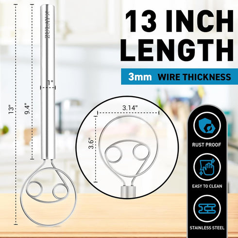 Zulay Kitchen 13-Inch Danish Dough Whisk - Stainless Steel Danish Whisk for Cooking with Dough Hook - Traditional Dutch Whisk - Bread Whisk for So...