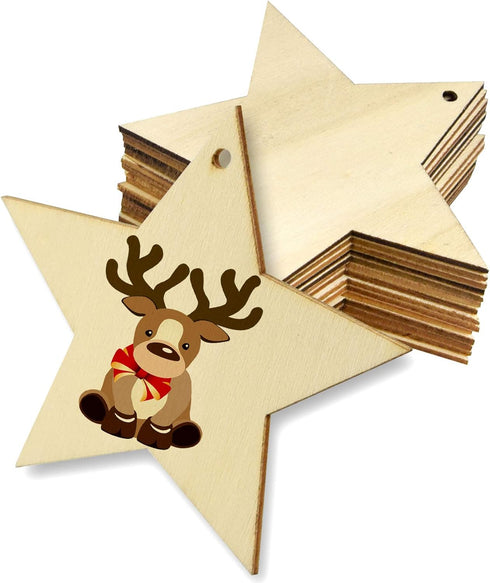 obmwang 50 Pieces Natural Wooden Star Cutouts Unfinished Predrilled Wooden Star Embellishments with Natural Twine for Christmas, DIY Craft, Party ...