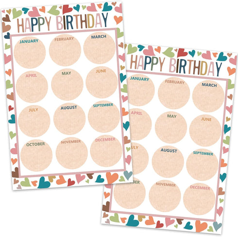 Happy Birthday Chart for Classroom, 2Pcs Boho Birthday Poster Decoration 17’’ x 12’’ Boho Birthday Cake Calendar Cutouts for School Bulletin Board...