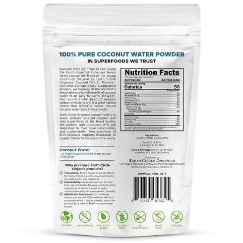 Earth Circle Organics Pure Coconut Water Powder | Coconut Electrolyte Powder for Energy and Hydration Supplement | No Additives | Unsweetened | Ve...
