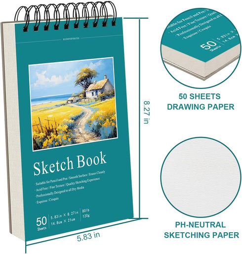 Xmusk Mechanical Pencil with A5 Sketch Book Set 0.5mm & 0.7mm Pencil 50 Sheets 120gsm Top Spiral Bound Acid Free Art Sketchbook Drawing Pad for Pa...