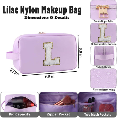 Initial Travel Cosmetic Bag With Glitter Chenille Portable Water-resistant Toiletry Bags for Travelling Nylon Cosmetic Bag Makeup Organizer Pouch ...