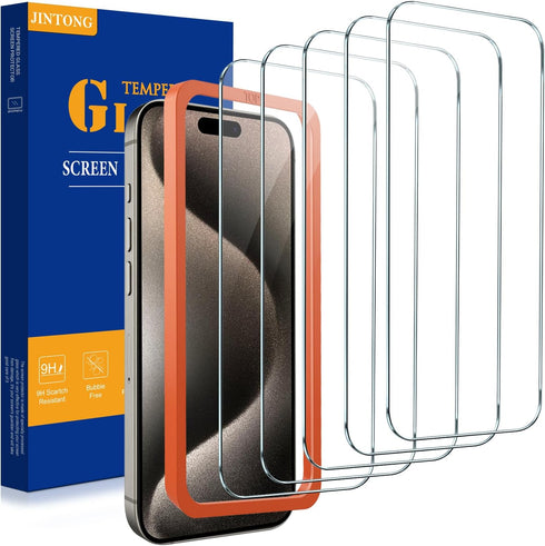 JINTONG 5 Pack Tempered Glass Screen Protector for iPhone 15 Pro Max (6.7 Inch) Tempered-Glass Film with Bubble Free Easy Installation Tool, Scrat...