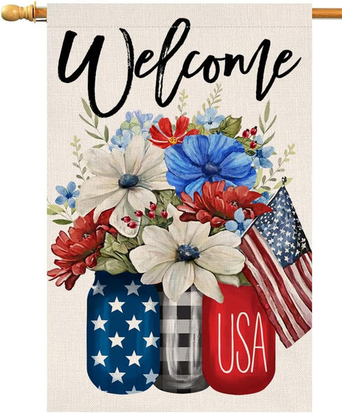 4th of July Floral House Flag 28 x 40 Vertical Double Sided Patriotic Mason Jar Flowers Red Blue Memorial Day Independence Day Holiday Outside Dec...