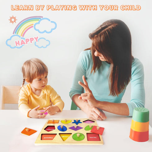 Wooden Shape Peg Puzzles, Montessori Educational Toy Baby Puzzle, 12 Geometric Shape Puzzle with Board Knob, Preschool Wooden Puzzles for Toddlers...