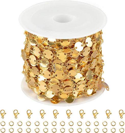 Kyutong 5 Meters Circle Sequins Link Chain Roll Gold Jewelry Chains for Making Jewelry Stainless Steel Chain Bulk with Lobster Clasps and Jump Rin...
