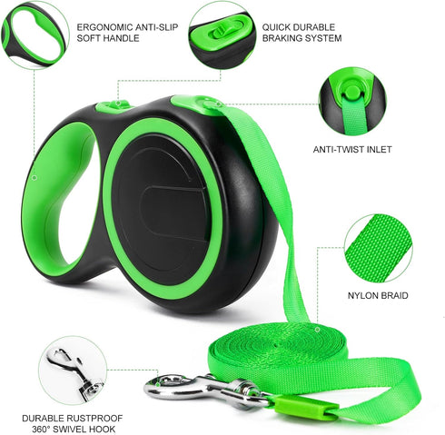 UrbanX Retractable Dog Leash for Large and Strong Breed Dogs with Anti-Slip Handle 24ft Strong Nylon Tape One-Handed Brake Pause Lock - Green...