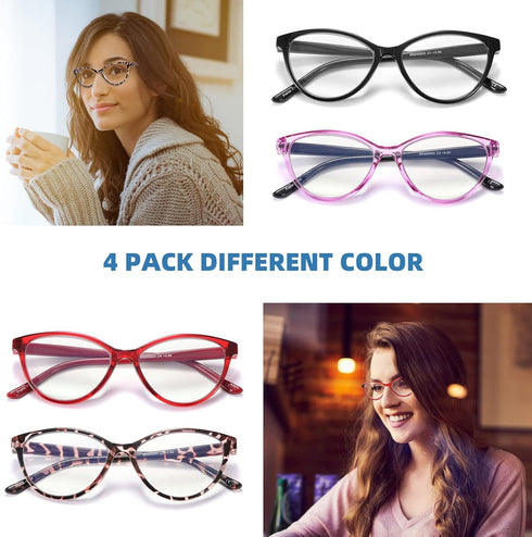 4 Pack Reading Glasses Blue Light Blocking for Women,Designer Cat Eye Frame Ladies Computer Readers,Anti Glare/UV Ray Eyeglasses 1.5...