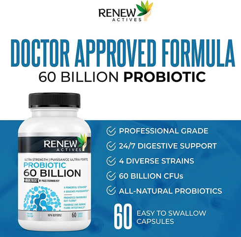 Renew Actives New Probiotics 60 Billion CFU with MAKTREK Bi-Pass Technology, Probiotics Made to Survive Stomach Acid with Advanced Absorption for ...