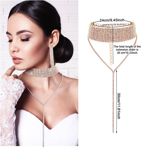 Hicarer 3 Pieces Women Rhinestone Jewelry Set Rhinestone Tassel Choker Necklace Fringe Bracelet Crystal Dangling Earring for Wedding Bridal Party...