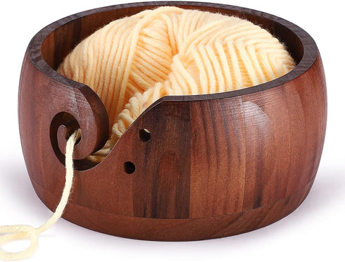 Udefineit Wooden Yarn Bowl Holder for Crocheting, 6.3x3.3" Craft Knitting Bowl with Holes, Handmade Wood Yarn Storage Bowl, Yarn Holder Dispenser ...