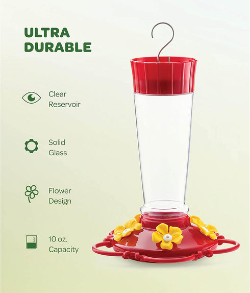 Hummingbird Feeder 10 oz. Plastic Hummingbird Feeders for Outdoors, with Built-in Ant Guard - Circular Perch with 5 Feeding Ports - Wide Mouth for...