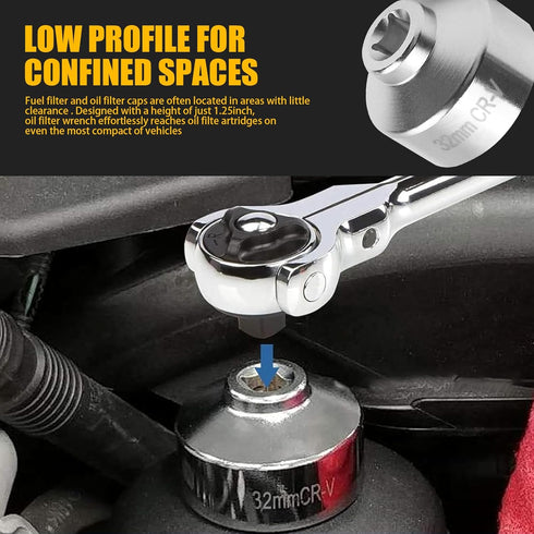 Pack-1 Car Oil Filter Wrench, 6-point 3/8" Low-profile Drive Oil Pan Filter Special Socket Wrench, for 32mm Oil Filter Cap, Universal Oil Pan Disa...