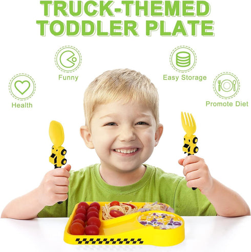 Construction Toddler Plates - Toddler Eating Utensil Set with Removable Straw - Toddler Utensils Set - Baby Plates Feeding Set - for Toddler Gifts...