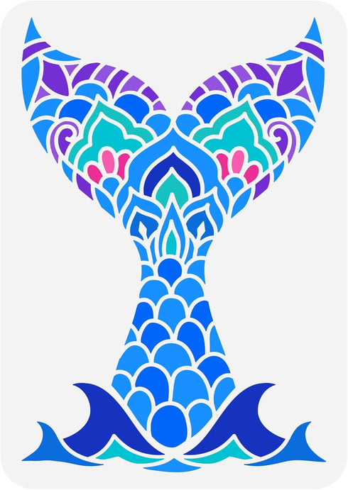 FINGERINSPIRE Mermaid Tail Painting Stencil 11.7x8.3 inch Hollow Out Marine Fish Tail Stencil Reusable Plastic Mandela Floral Pattern Tail Stencil...