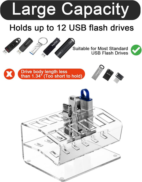 USB Flash Drive Holder Stand USB Memory Stick Storage Organizer, Acrylic USB Flash Drive Case Rack Holds up to 12 USB Flash Drives Thumb Drives Ju...