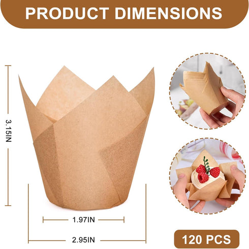 120 Counts Natural Tulip Cupcake Liners for Baking Cups, Food Grade Parchment Paper Muffin Liners Holders, Standard Tulip Cupcake Liners, Greasepr...