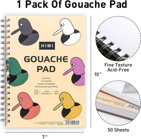 HIMI Gouache Pad 7X10''(98lb/160g) 50 Sheets Mix Paper Pad, Side Wire Bound, Fine Texture, in Gouache Acrylic Art Pad for Sketching, Ink Sketch Bo...