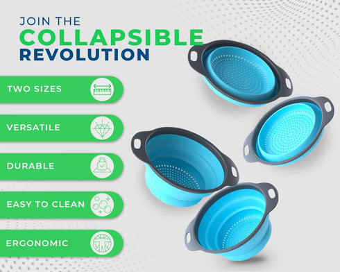 Ultimate Kitchen Strainers Set of 2 - Collapsible Silicone Colanders For Easy Storage by Comfify - Use with Pasta & Veggies or as a Fruit or Berry...