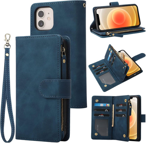 RANYOK Wallet Case Compatible with iPhone 12/12 Pro (6.1 inch), Premium PU Leather Zipper Flip Folio RFID Blocking Wallet with Wrist Strap Kicksta...