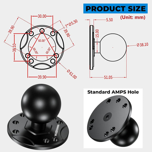 1.5" Ball Mount with Aluminum Alloy Round Plate, Universal Electronic Device Mounting Base with AMPS Holes for Garmin, Lowrance, Humminbird, for R...