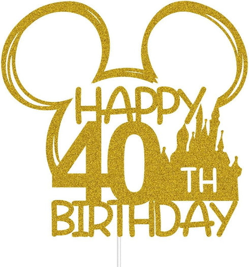 Mouse Inspired Castle Happy 40th Birthday Cake Topper, Cartoon Mouse Themed 40th Birthday Party Decorations, Gold Glitter...