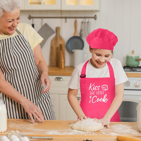 Kids Apron and Chef Hat Set, “Kiss The Little Cook” Apron Adjustable Child Apron Chef Training Funny Apron...