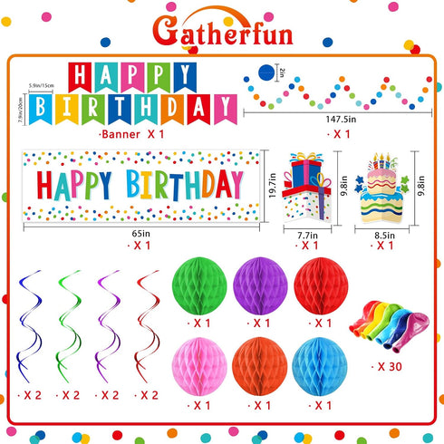 Happy Birthday Decorations Kit: Happy Birthday Banner,Birthday Dots Design Plastic Backdrop, Circle Confetti Garland, Swirl Streamers, Honeycomb B...