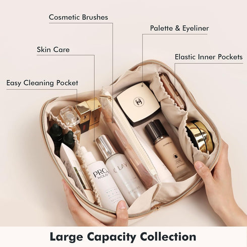 Large Capacity Cosmetic Bag for Women Portable Waterproof PU Leather Makeup Bag Open Flat Makeup Organizer With Clear Divider and Handle(Beige)...