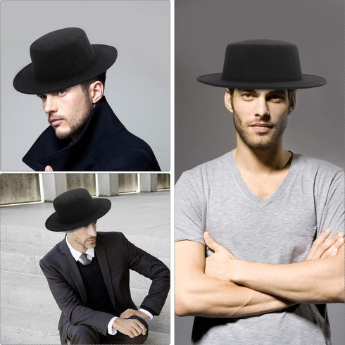 Fashion Classic Black Fedora Flat Hat, Wide Brim Jazz Hats Church Derby Cap for Women and Men...