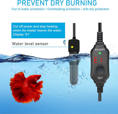 YukiHalu Small Submersible Aquarium Heater, Adjustable Mini Fish Tank Heater 25W 50W 100W 200W 300W with External Temperature Controller, LED Disp...