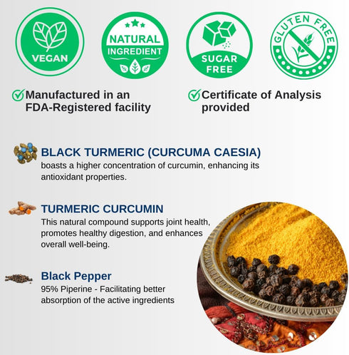 Black Turmeric, Curcumin with Black Pepper 1000mg - Turmeric Curcumin with Turmeric Black - Curcuma Caesia, Curcuma Longa, Black Pepper 95% Piperi...