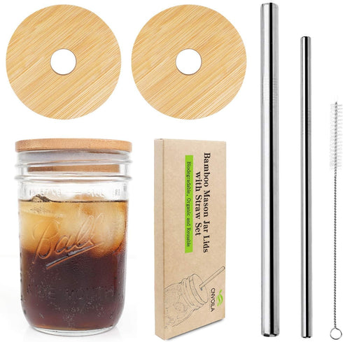 Mason Jar Lids With Straw - Reusable Bamboo Wide Mouth Tumbler Tops, 2 Packs With 2 Stainless Steel Straws...