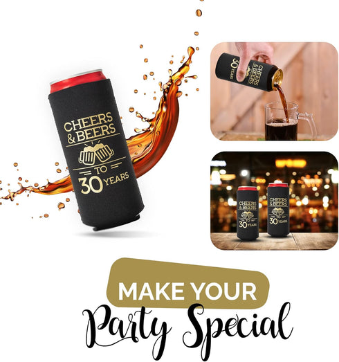 Cheers and Beers to 30 Years Can Coolers, Set of 12 - Black and Gold 30th Birthday Decorations and Party Favors for Men and Women - Cheers to 30 Y...