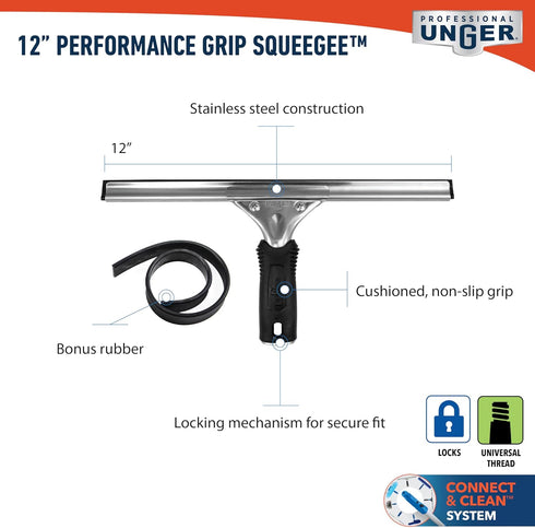 Unger Professional 12" Performance Window & Glass Cleaning Squeegee with Replacement Rubber - Cleaning Supplies, Heavy Duty Squeege for Window Cle...