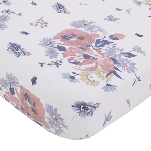 NoJo Farmhouse Chic Tossed Floral White, Pink, and Periwinkle 100% Cotton Fitted Crib Sheet...