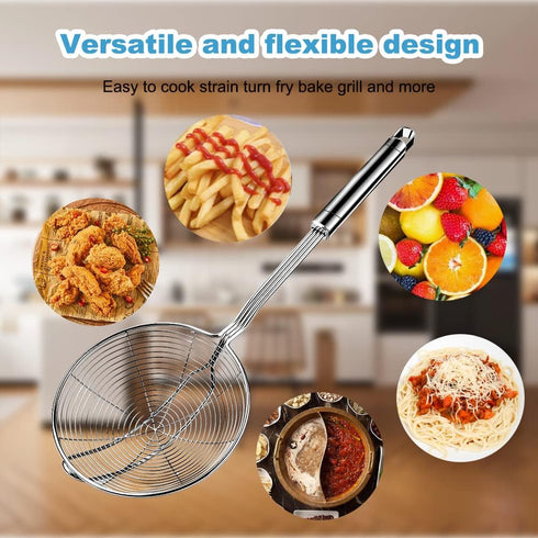 Steel Spider Strainer Skimmer Ladle, Strainer Spider Skimmers for Kitchen Cooking and Frying, Premium Strainer Spoon Diameter: 5.4Inch, Total Leng...