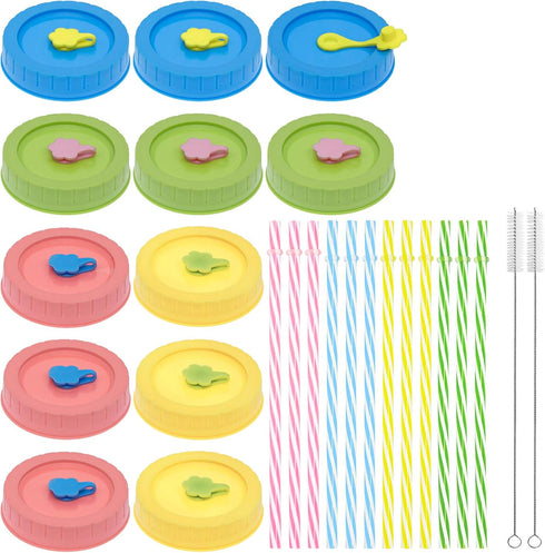Regular Mouth Mason Jar Lids with Straw Hole/Stoppers/Silicone Rings/Cleaning Brush, Rust-proof, BPA Free Plastic Canning Lids, Great for Drinking...