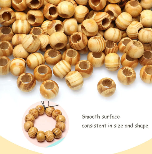 50 Wooden Beads Large Hole Macrame Beads Round Striped Wooden Loose Spacer Beads with Wood Texture for Bead Crafts Making, 15 x 20mm(Light Brown,1...