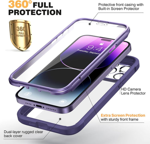 Diaclara Designed for iPhone 14 Pro Case 6.1’’, Full Body Rugged Protective Case+2 Pack Camera Lens Protector w/Built-in Touch Sensitive Anti-Scra...