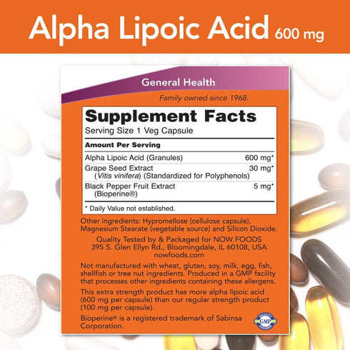 NOW Supplements, Alpha Lipoic Acid 600 mg with Grape Seed Extract & Bioperine®, Extra Strength, 60 Count (Pack of 1)...