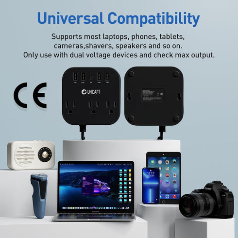 European Plug Adapter, Unidapt US to UK Europe Power Strip for EU/UK/US with USB C and 4 USB Ports, 3 AC Outlets, Wall Mountable, 5ft Extension Co...