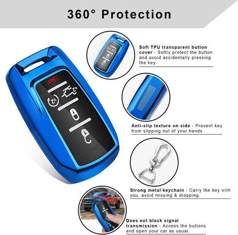 QBUC for RAM Key Fob Cover with Keychain Clip Soft TPU Key Case Compatible with 2019 2020 2021 2022 Dodge Ram 1500 2500 3500 4500 5500 Smart Remot...