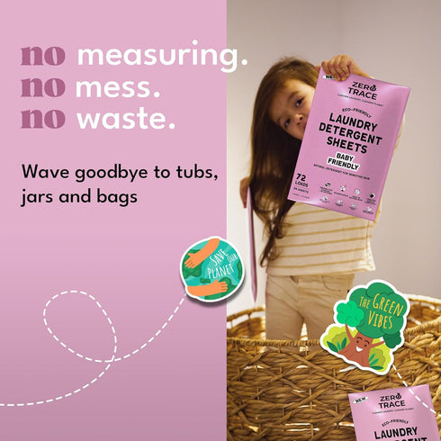ZERO TRACE Baby Friendly Laundry Detergent Sheets, 72 Loads - Eco Friendly, All Natural, Hypoallergenic, Biodegradable - Sheet Laundry Soap for Se...
