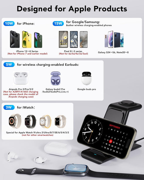HATALKIN 3 in 1 Wireless Charging Station Compatible for Apple Products Multiple Devices Charger for Apple Watch ultra 9 8 7 SE 6 5 4 AirPods Pro ...