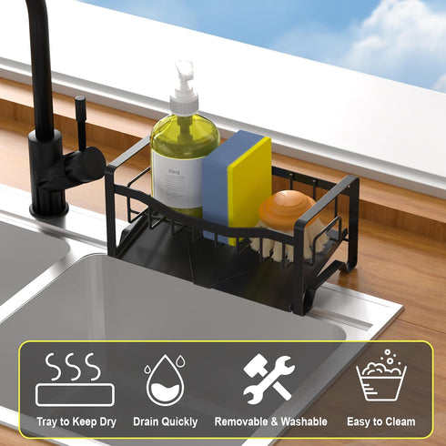 Kitchen Sink Caddy Organizer Sponge Holder for Kitchen Sink with Stainless Steel Auto Drain Tray, Self Drain Dish Soap Sponge Caddy Rack for Kitch...