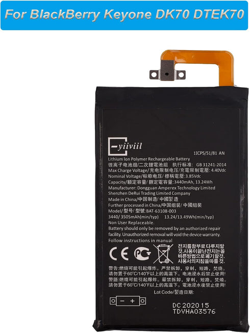 New BAT-63108-003 Battery Compatible with BlackBerry Keyone DK70 DTEK70 Replacement Battery 3440mAh 3.85V with Tools...
