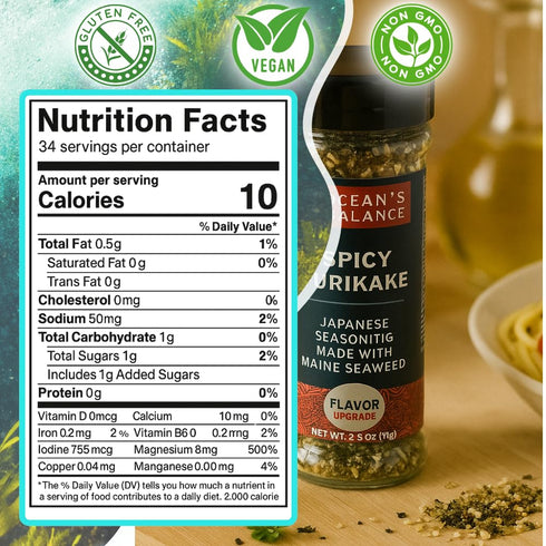 Ocean Balance Spicy Furikake Seasoning w/Cayenne Pepper –Furikake Seasoning w/Sesame Seeds + Maine Coast Seaweed – Great for Sushi Rice Seasoning,...