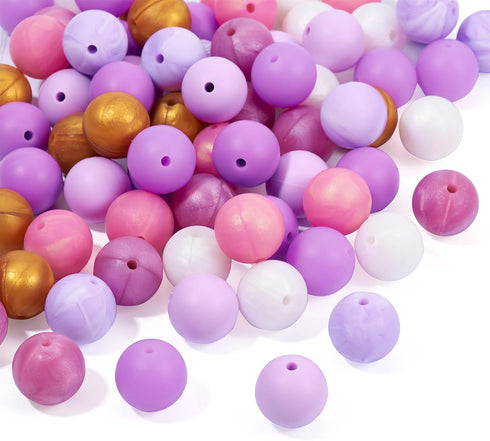 Beadthoven 80pcs 15mm Purple Silicone Beads 8 Colors Silicone Beads for Keychain Making DIY Necklace Bracelet Beads Set Bulk Round Ball Round Rubb...