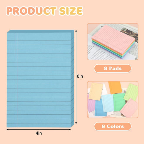 8 Pack Lined Sticky Notes, 8 Colors Self Sticky Notes Pad, Wide Ruled 4X6 Inches Lined Writing Sticky Pads for Office, Home, School, 45 Sheets/pad...